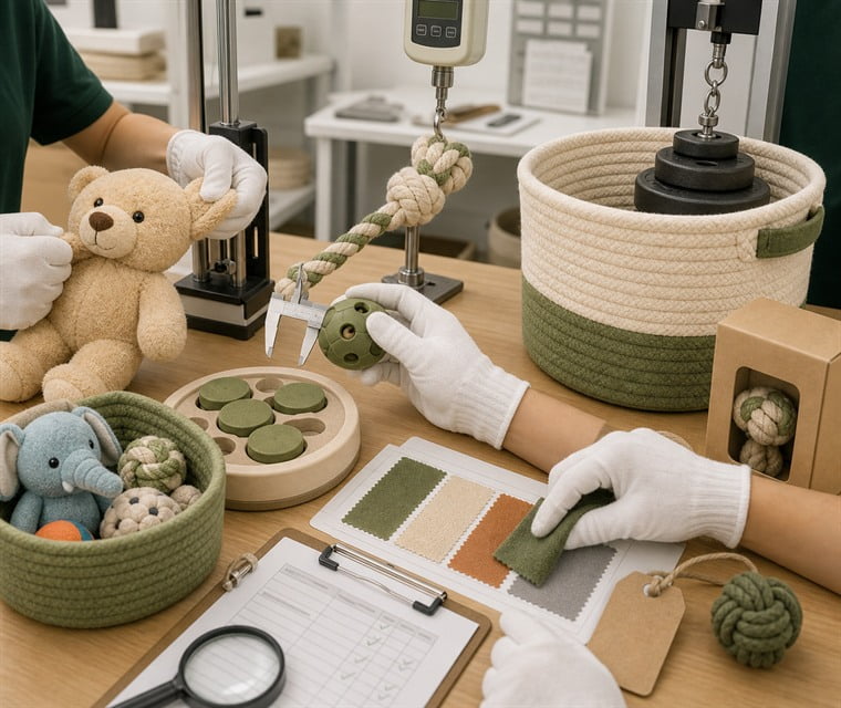 QC inspector checking pet toy stitching and material quality